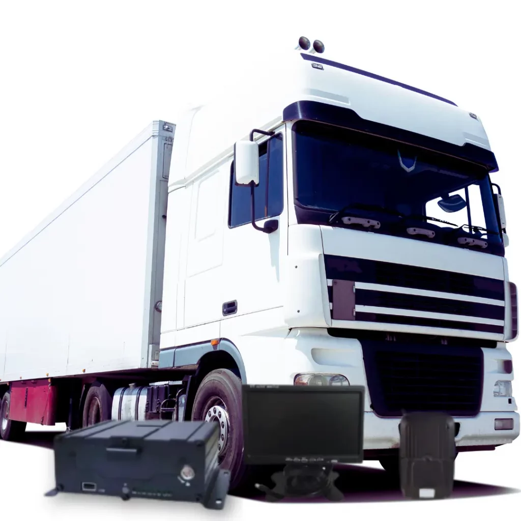 White articulated lorry with fleet CCTV equipment including DVR, monitor, and tracking unit for 4-camera system
