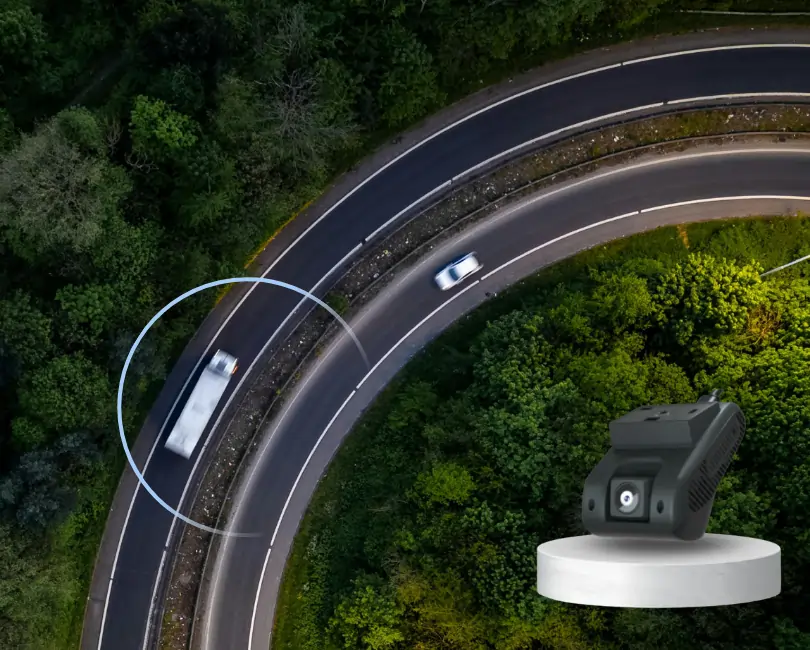 Overhead view of commercial vehicle on curved road with 4G dash cam overlay for real-time fleet tracking
