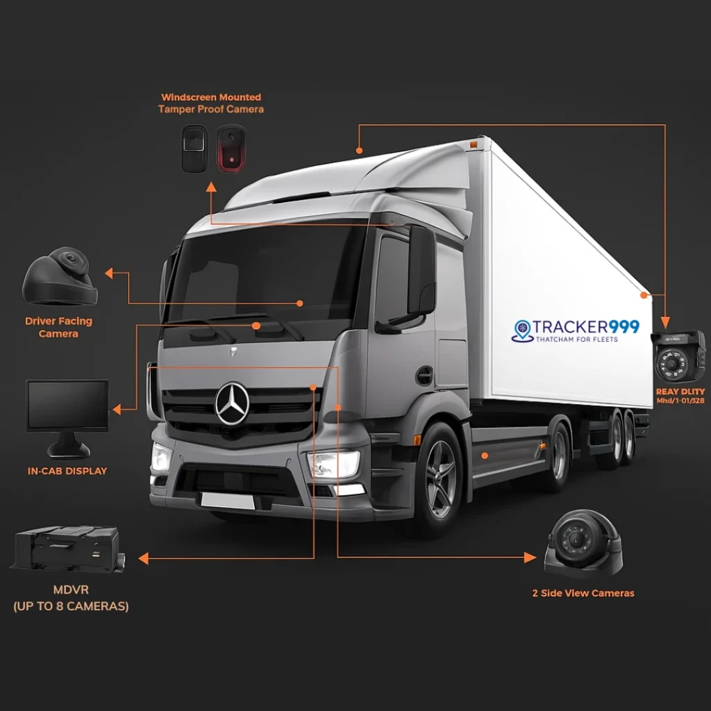 Illustration of a lorry with labelled CCTV components including side, rear, and in-cab cameras