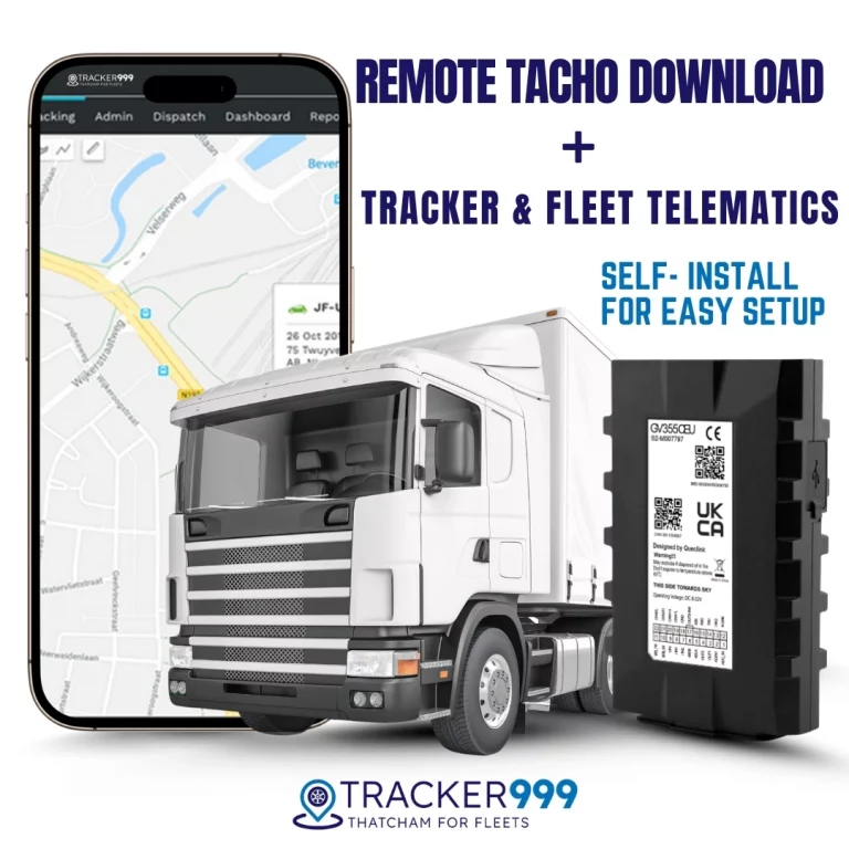 HGV tracker with remote tachograph download, fleet telematics, and self-installation device shown with a white lorry and smartphone GPS map