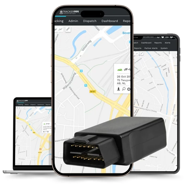 Image showing a plug-and-play GPS tracker and the Tracker999 platform on laptop, tablet, and smartphone screens.