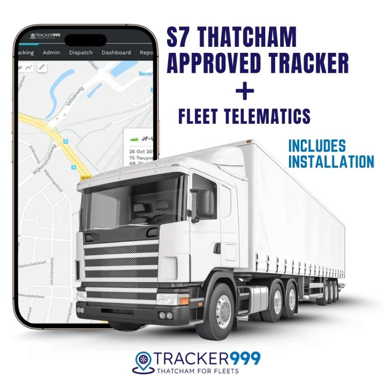 S7 Thatcham approved fleet tracker with GPS telematics, white HGV and smartphone map display, includes UK professional installation
