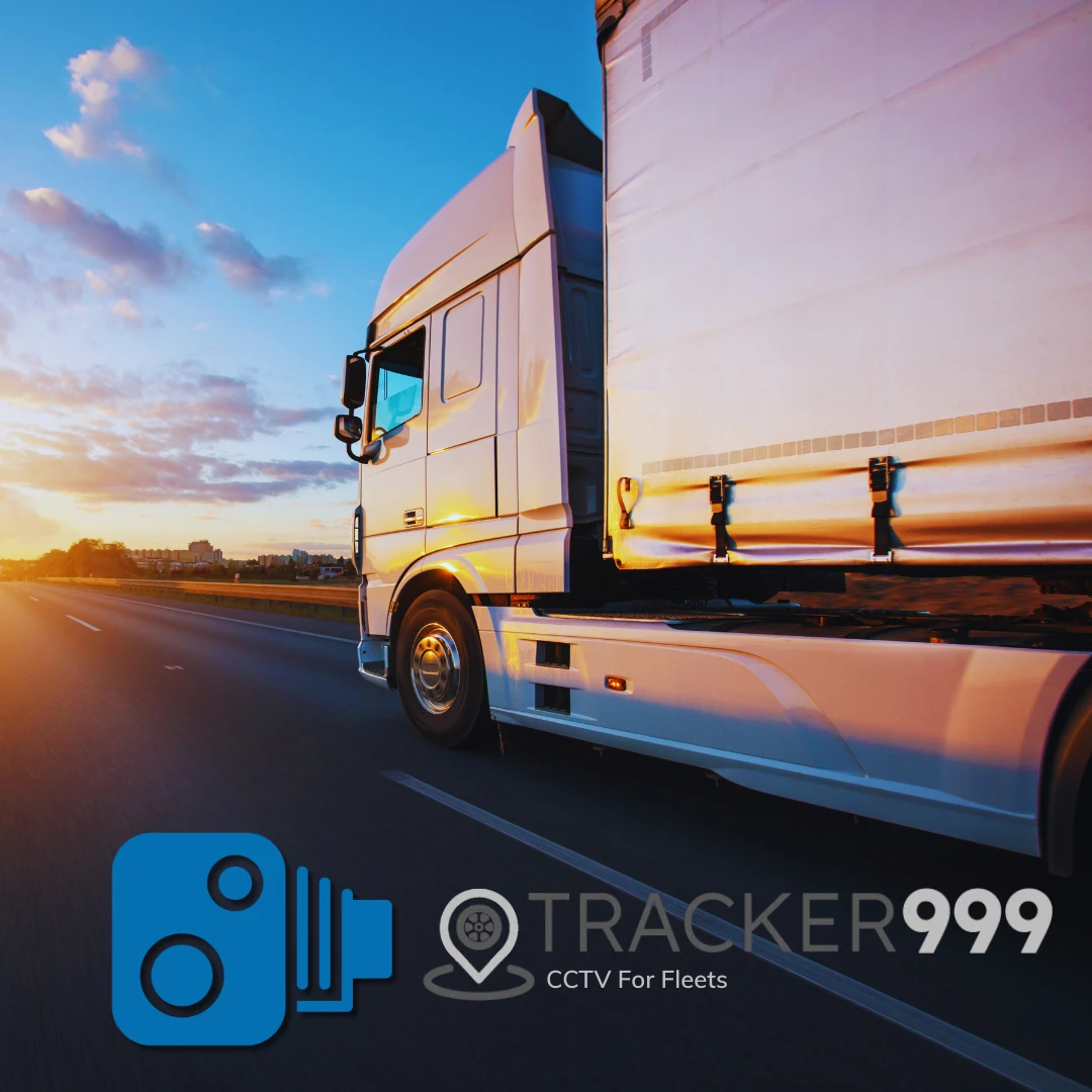 White articulated lorry driving into the sunset with fleet cctv icon