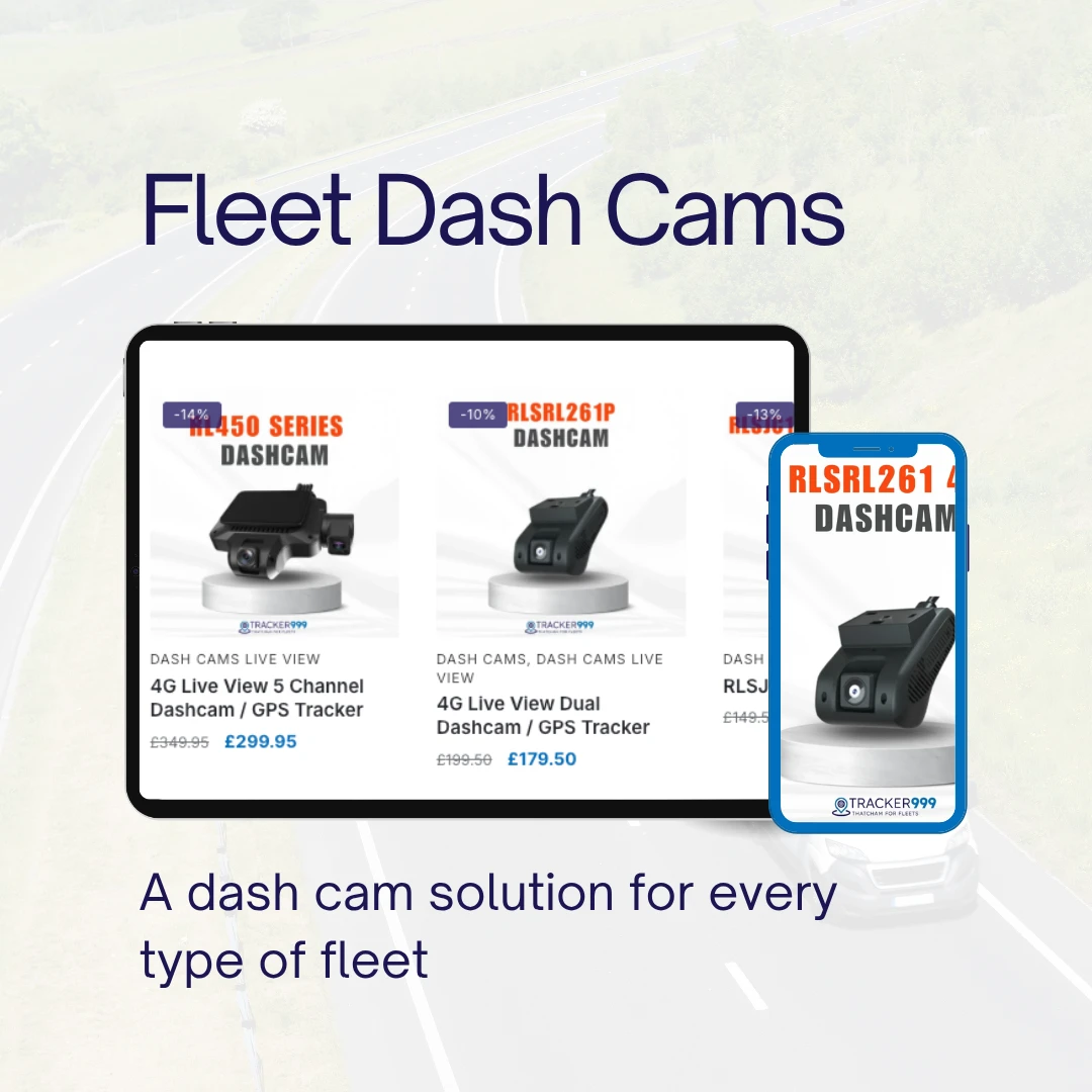Product listings of fleet dash cams shown on a phone and tablet screen, with text reading “A dash cam solution for every type of fleet”