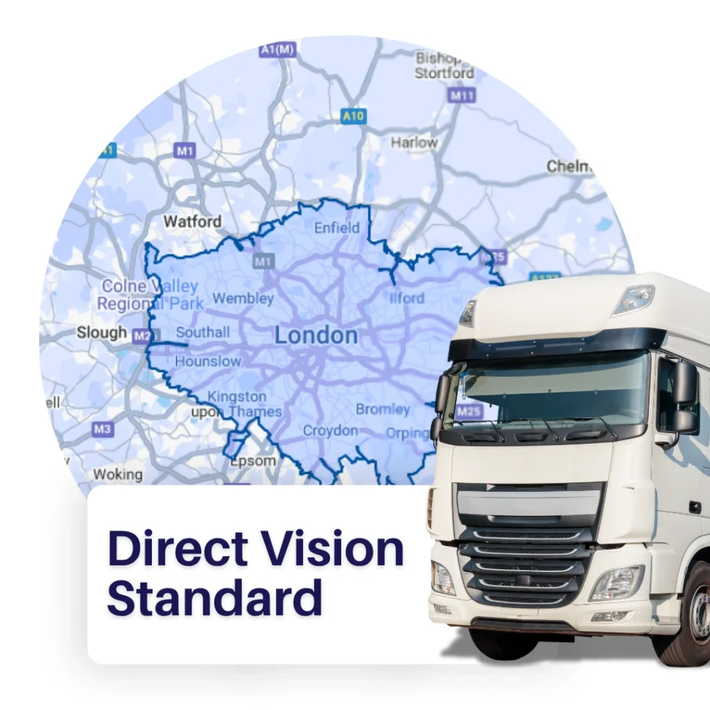 Map of Greater London with Direct Vision Standard boundary and white HGV in front