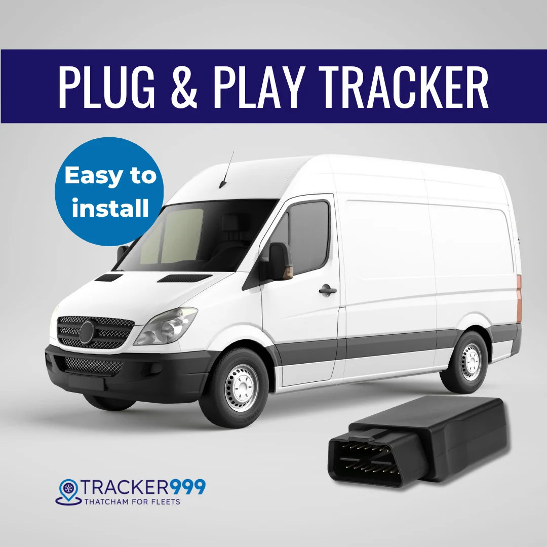 White commercial van with plug-and-play tracker device and “Easy to Install” label.