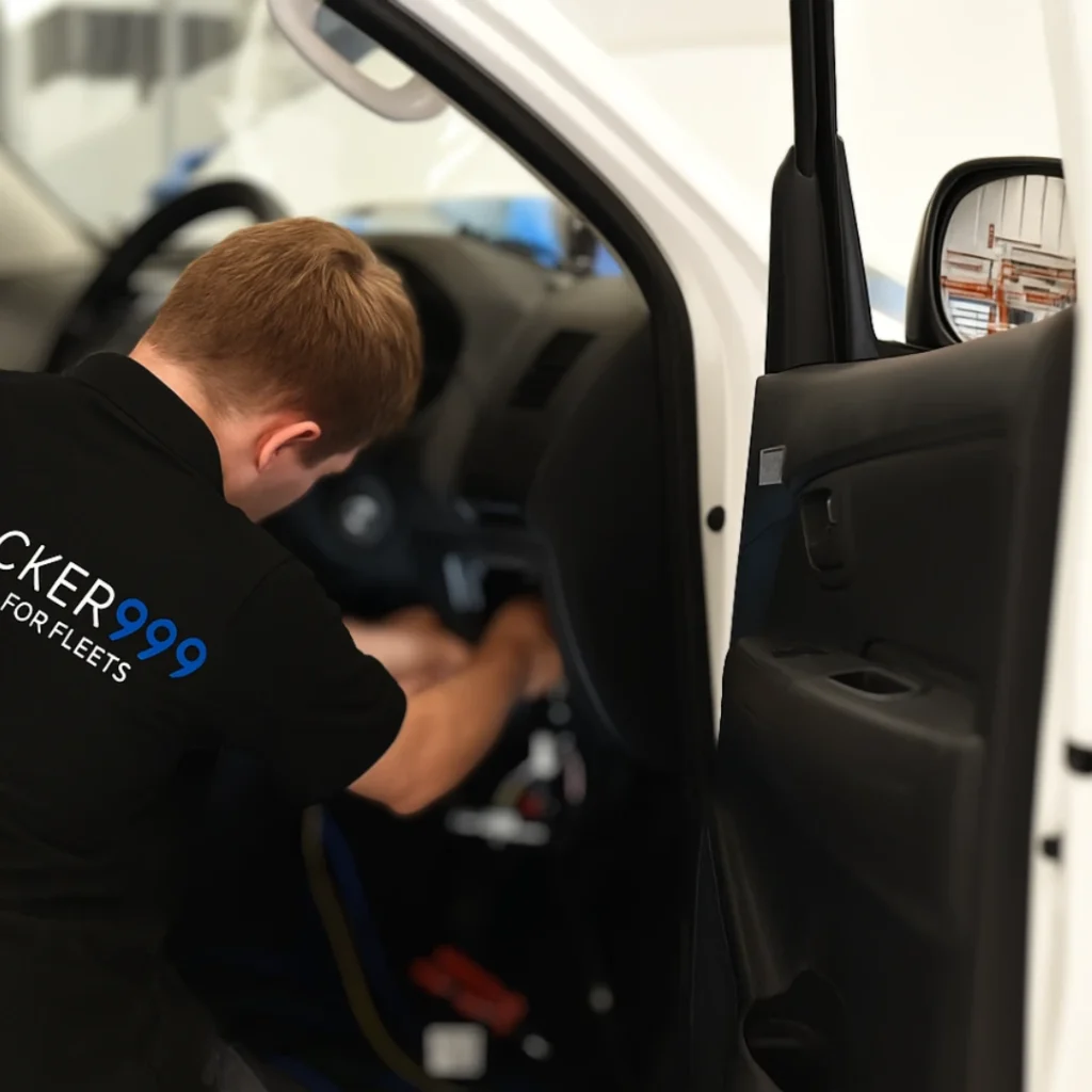 Vehicle technician in Tracker999 uniform fitting a tracker inside a car