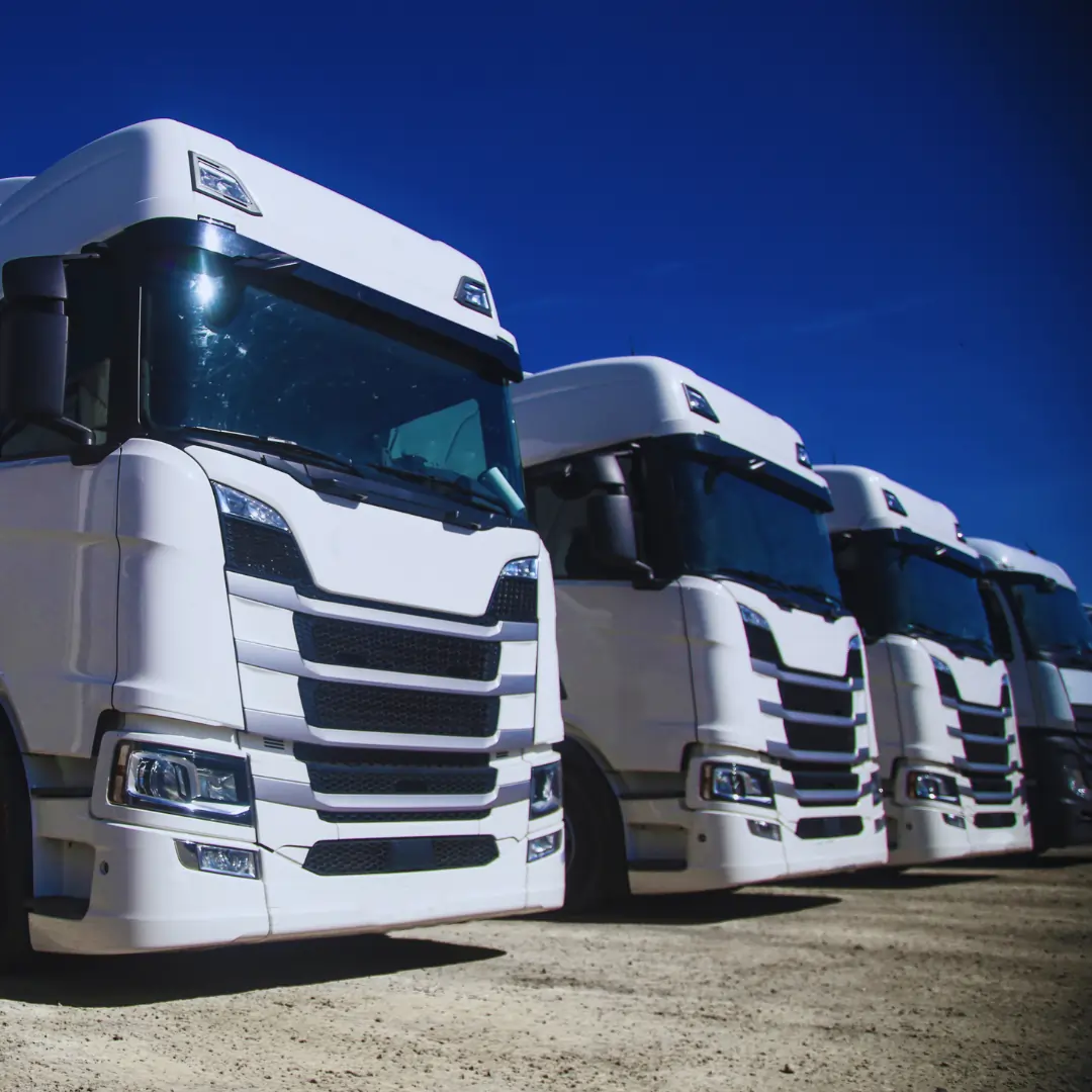 Line-up of white artic trucks under blue sky, representing full fleet CCTV visibility with multi-camera systems