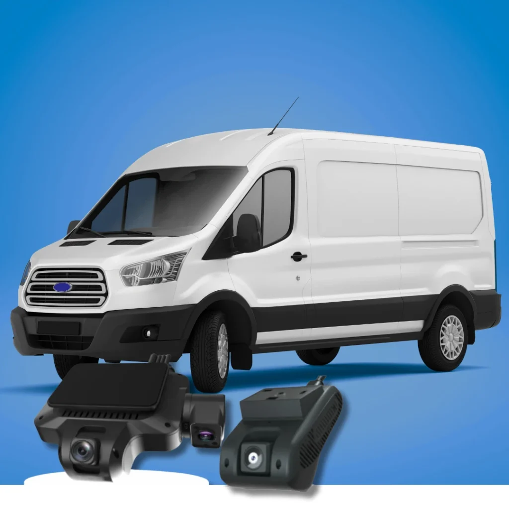 White commercial van with two 4G dash cams displayed in front on a blue background