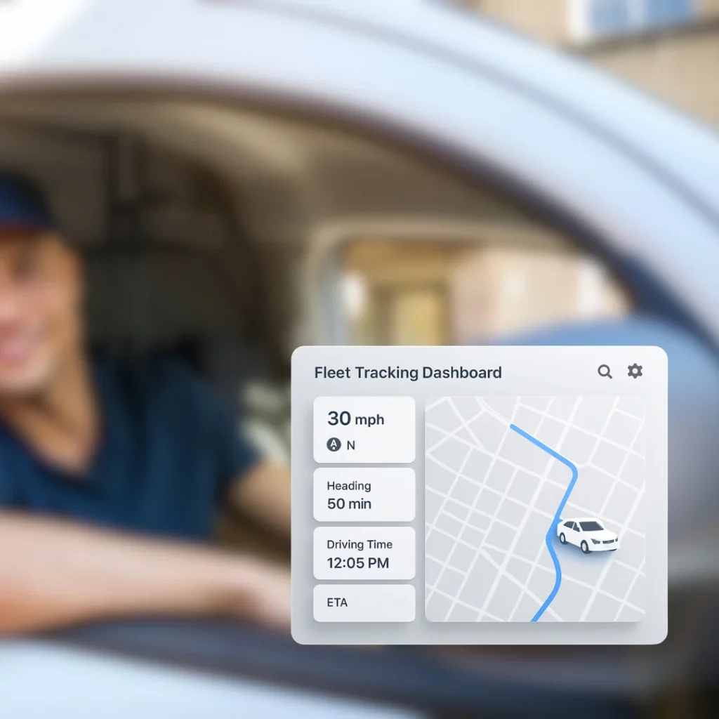 Fleet tracking dashboard showing live vehicle speed, route, and driving time