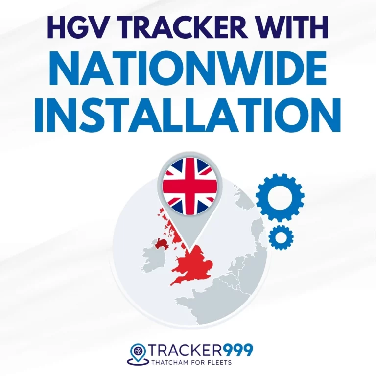 Promotional graphic for Tracker999 featuring the text "HGV Tracker with Nationwide Installation." Includes a UK map with a British flag pin, symbolising coverage across the country.