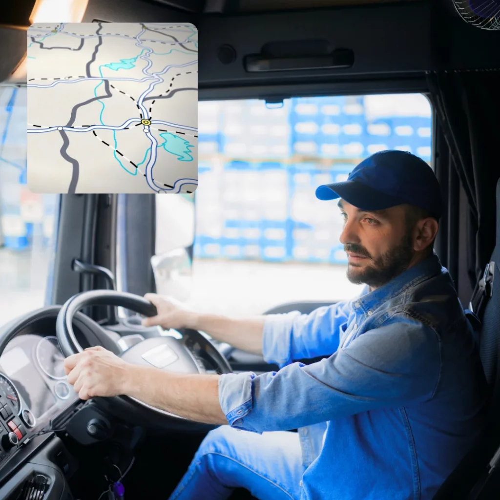 HGV driver in cab with route map overlay representing live fleet tracking