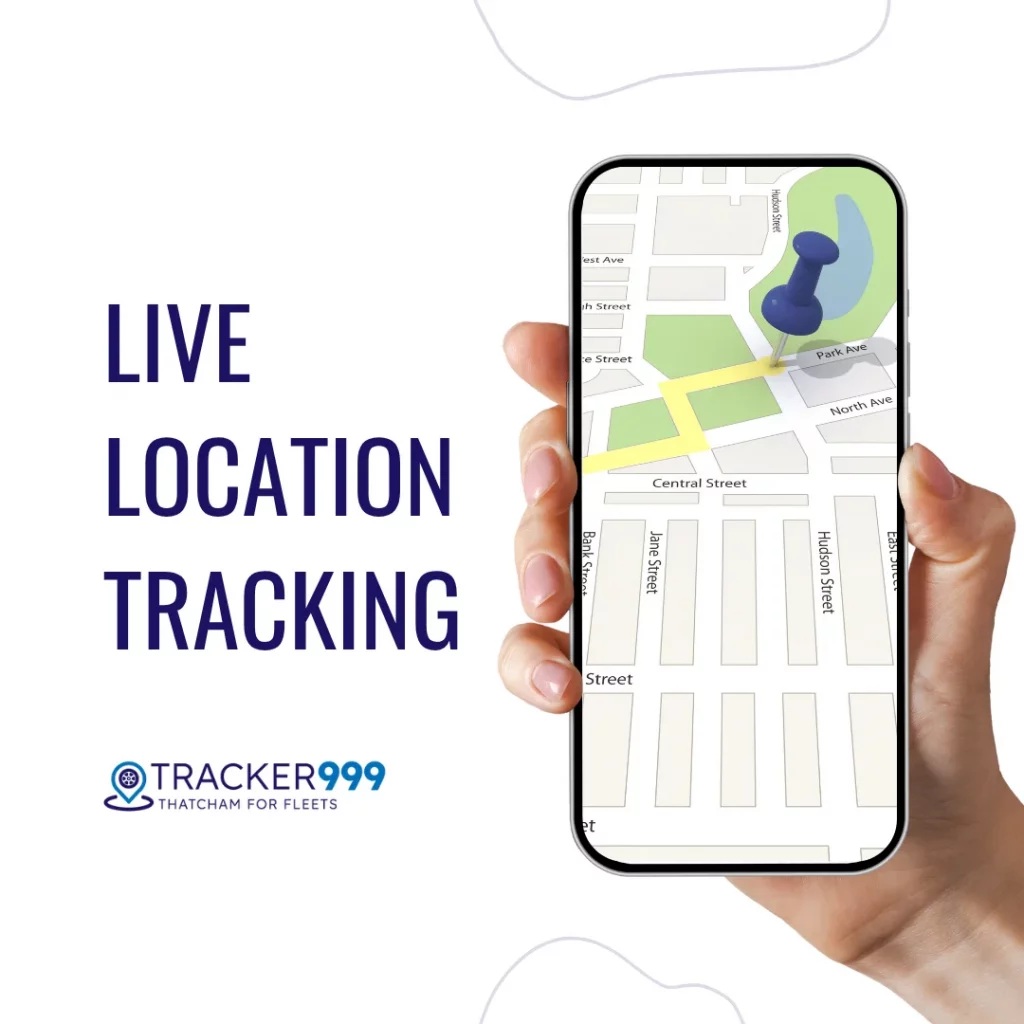 Hand holding a smartphone displaying live vehicle tracking with navigation pin.