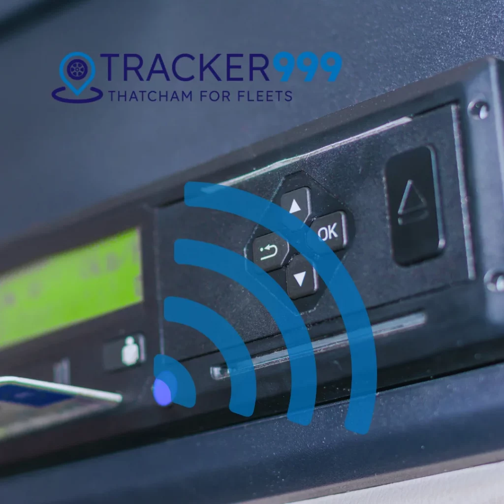Digital tachograph unit with wireless signal overlay and Tracker999 branding