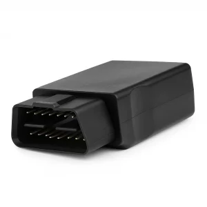 Black plug-and-play GPS tracker with OBD-II connector shown on a white background.