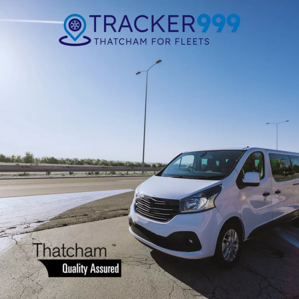 Van on UK road with Tracker999 and Thatcham quality assurance logos