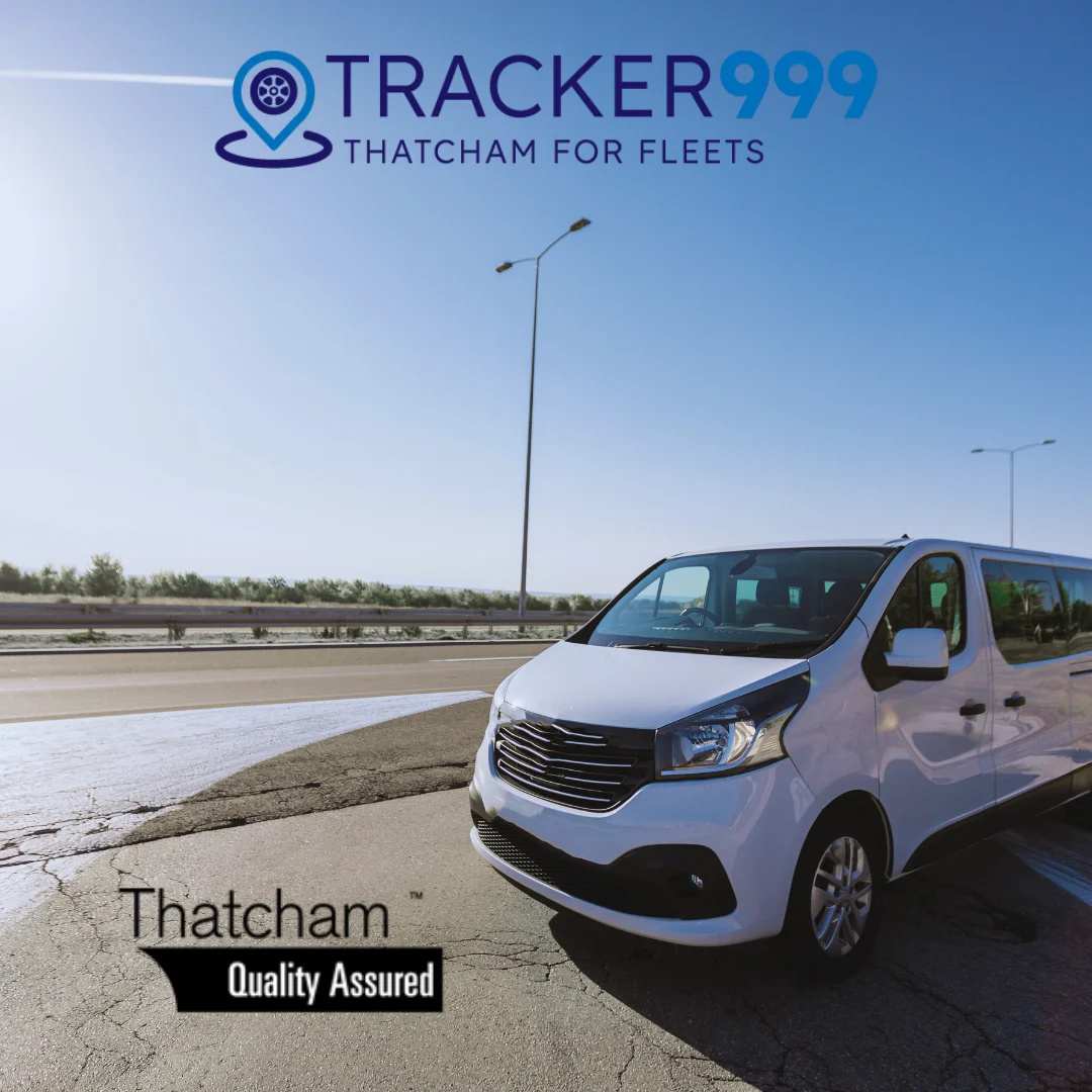 Van on UK road with Tracker999 and Thatcham quality assurance logos