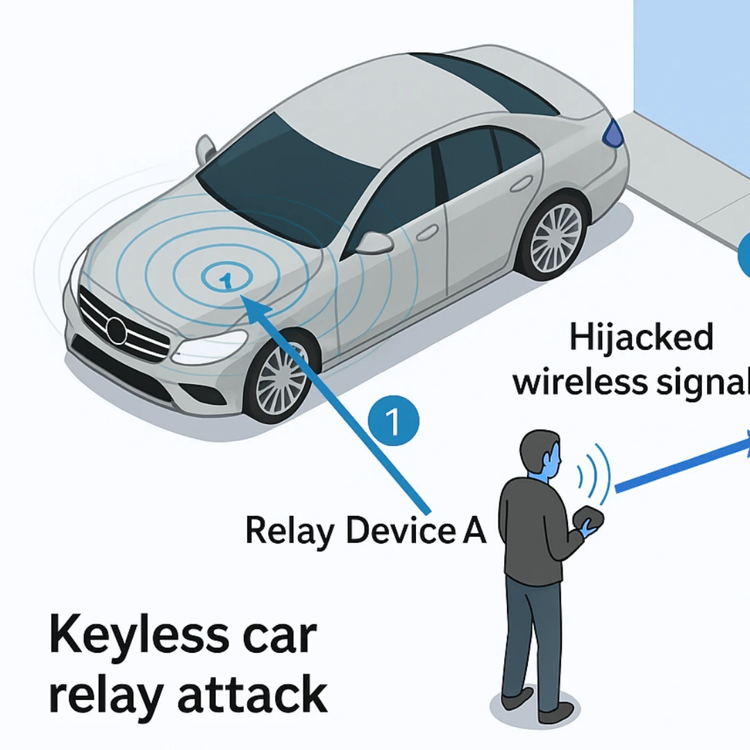 Illustration of a keyless car relay attack using two devices