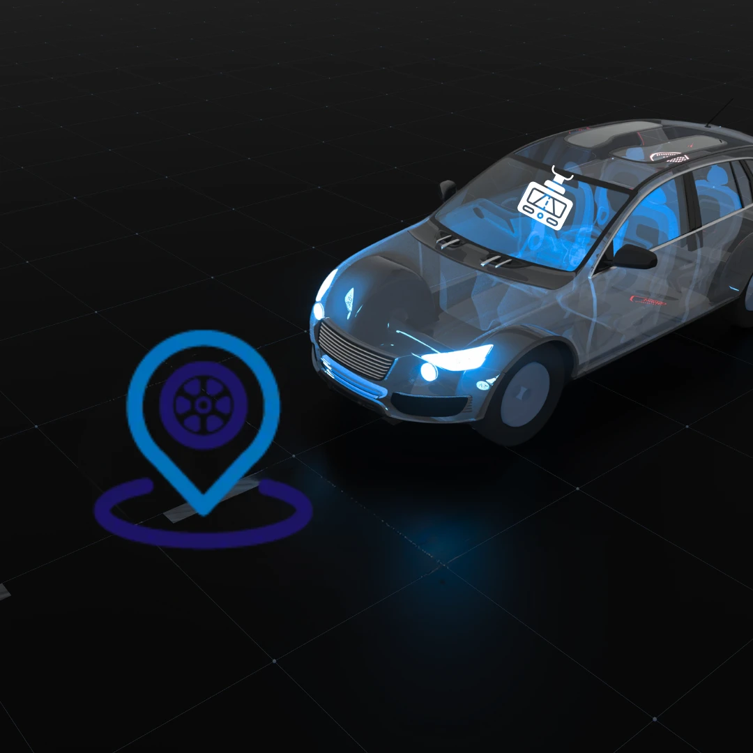 Digital render of a connected car showing internal components and a dash cam icon, with fleet tracking logo