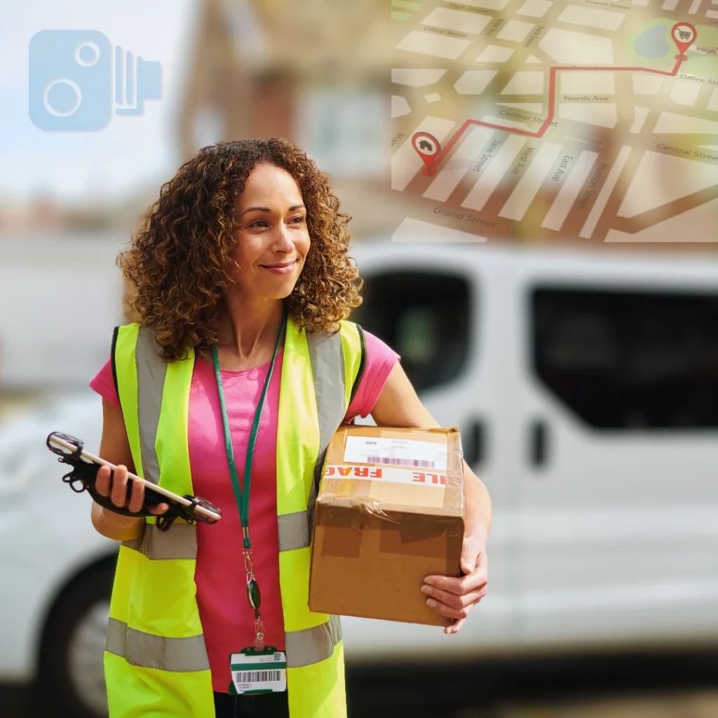 Smiling delivery driver holding a parcel and a scanner, with a digital route map overlay