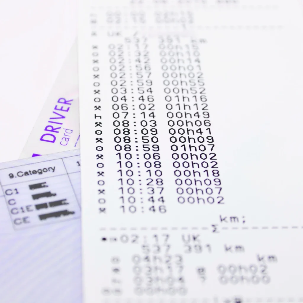 Tachograph printout showing driver hours and categories