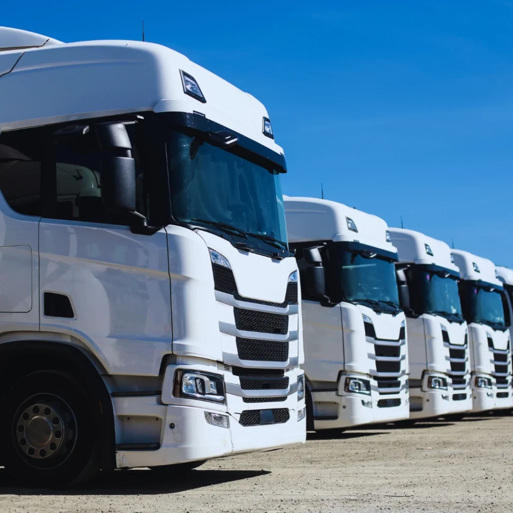 Row of white HGVs parked in a line on a bright day