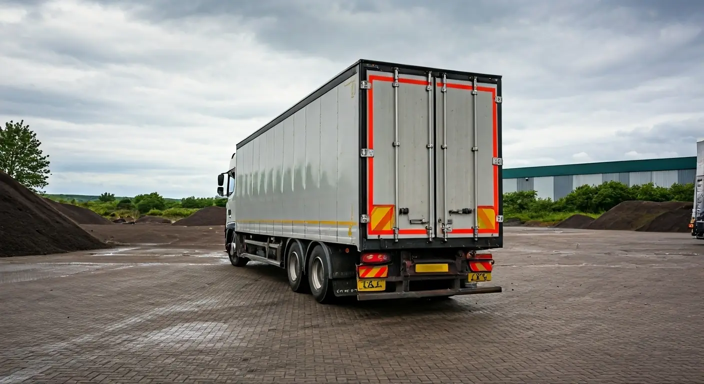 Rear-view of a rigid truck reversing with CCTV system in a UK depot