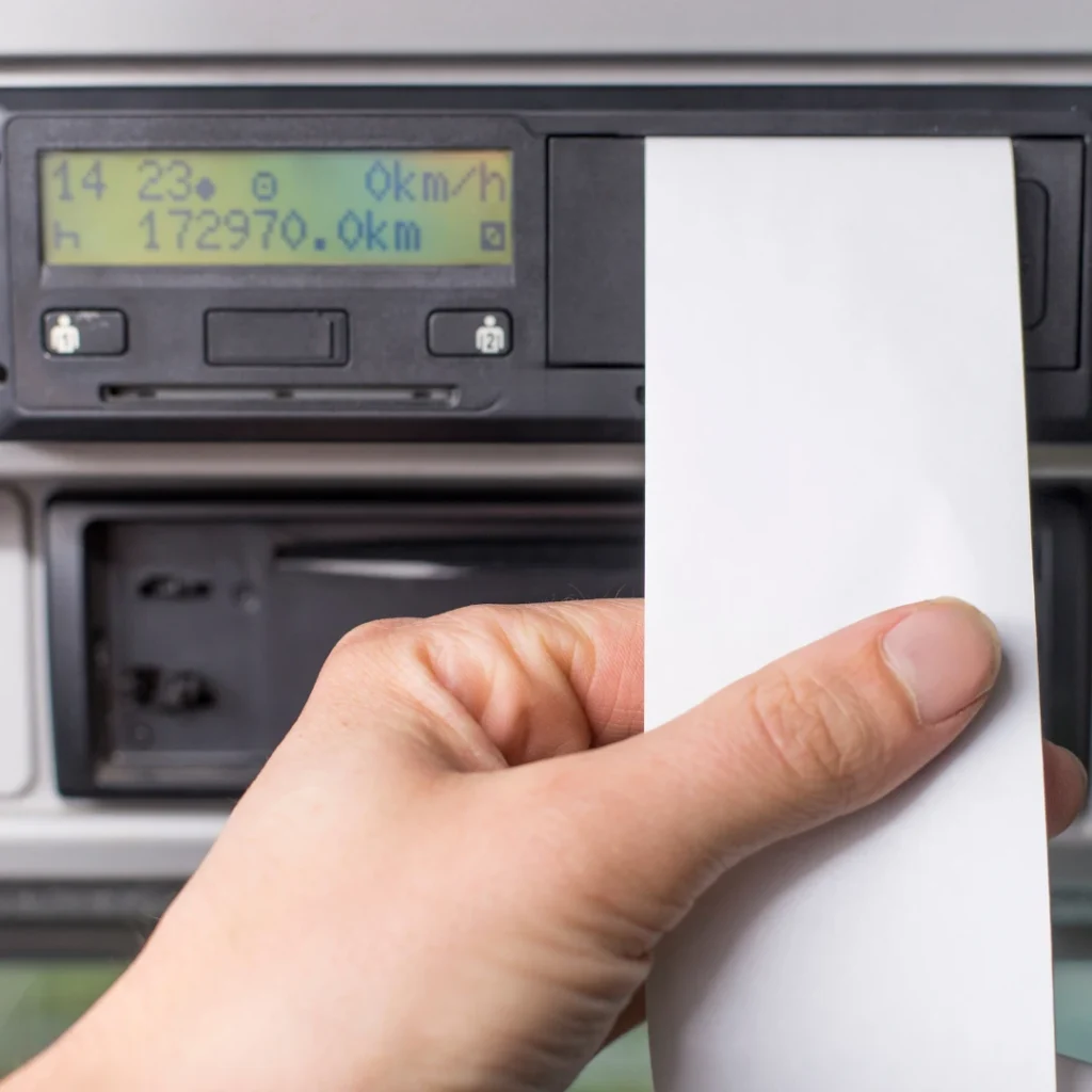 Fleet operator pulling tachograph printout from dashboard unit